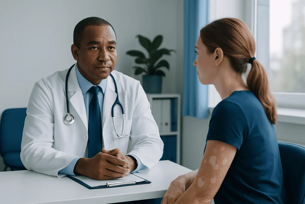 Doctor consulting with a female patient in a medical office setting.