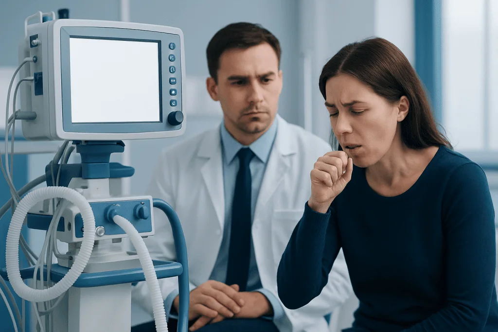 Patient experiencing cough with metallic taste during medical consultation at Acibadem Hospital.
