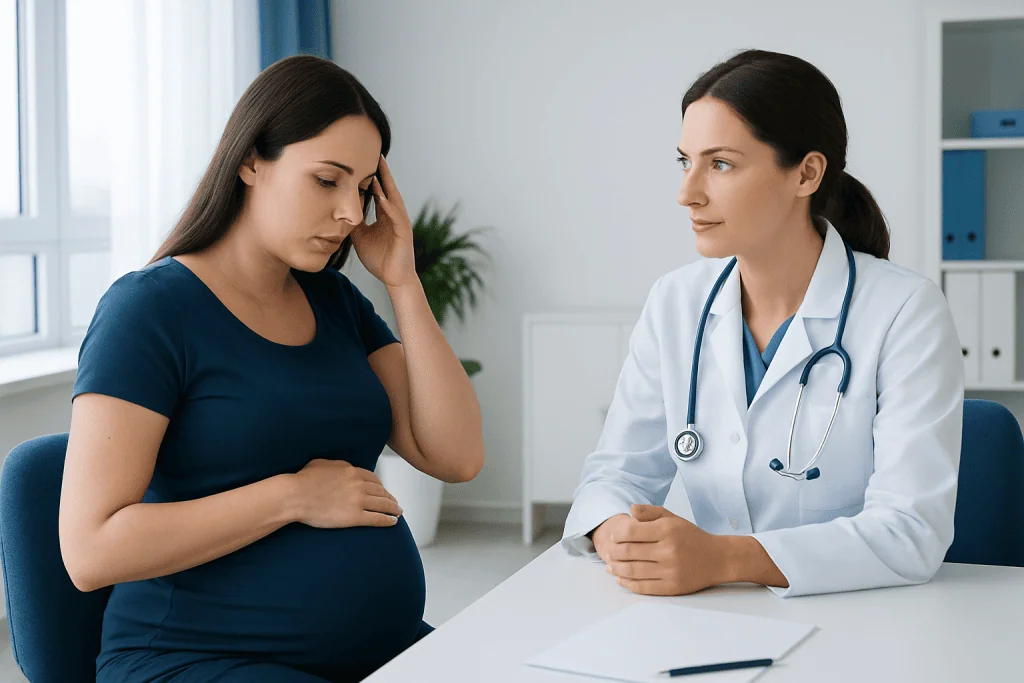 Pregnant woman consulting with a doctor about health concerns.