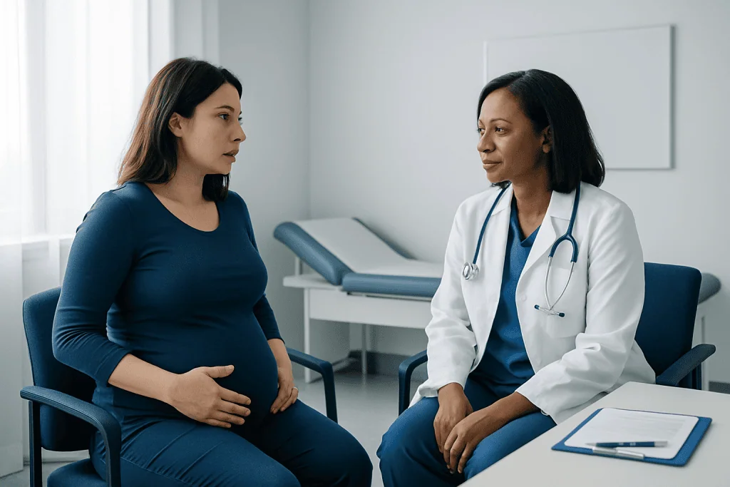 Pregnant woman consulting with a doctor in a medical office.
