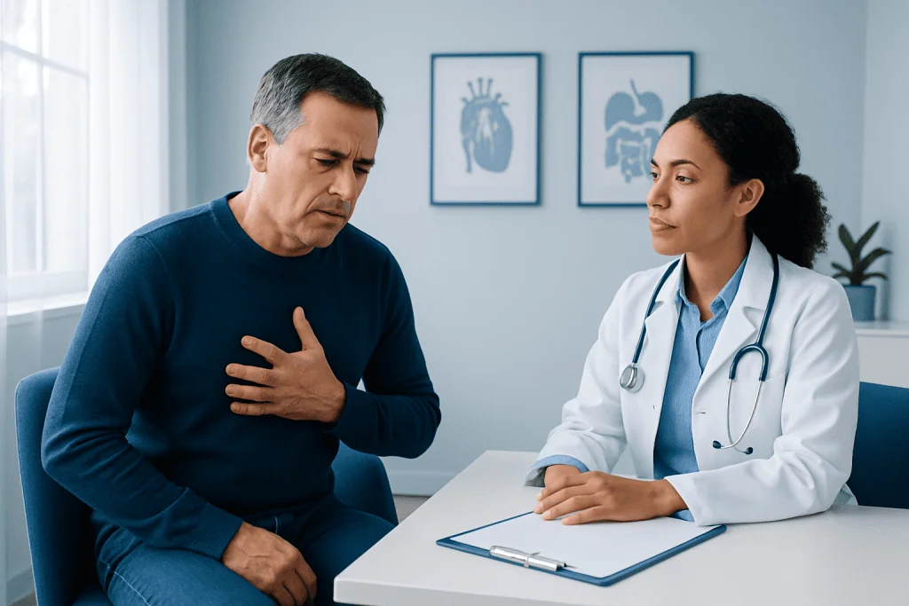 Patient experiencing chest pain during medical consultation at Acibadem Hospital.