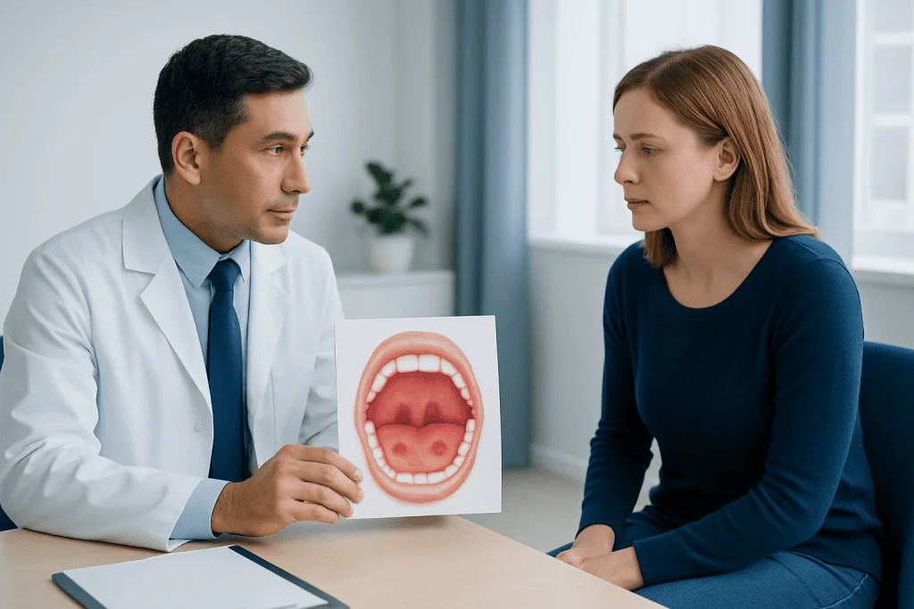 Common causes, from irritation to infection — red splotches on top of mouth