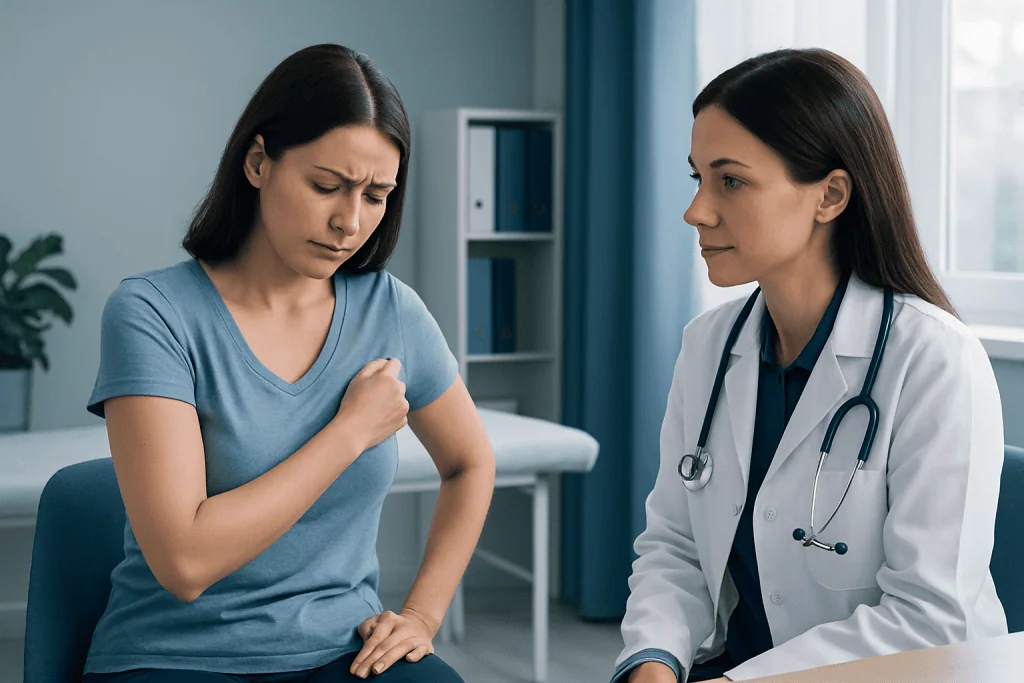 Female patient experiencing chest pain consults doctor in clinic.