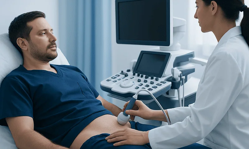 Doctor performing an ultrasound on a male patient in a medical clinic.