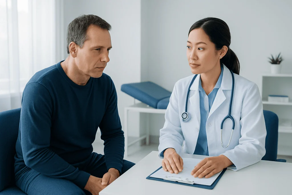 Doctor consulting male patient about urinary health in a clinic setting.
