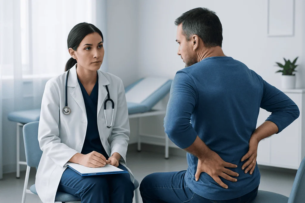 Doctor consulting patient with back pain in clinic setting.