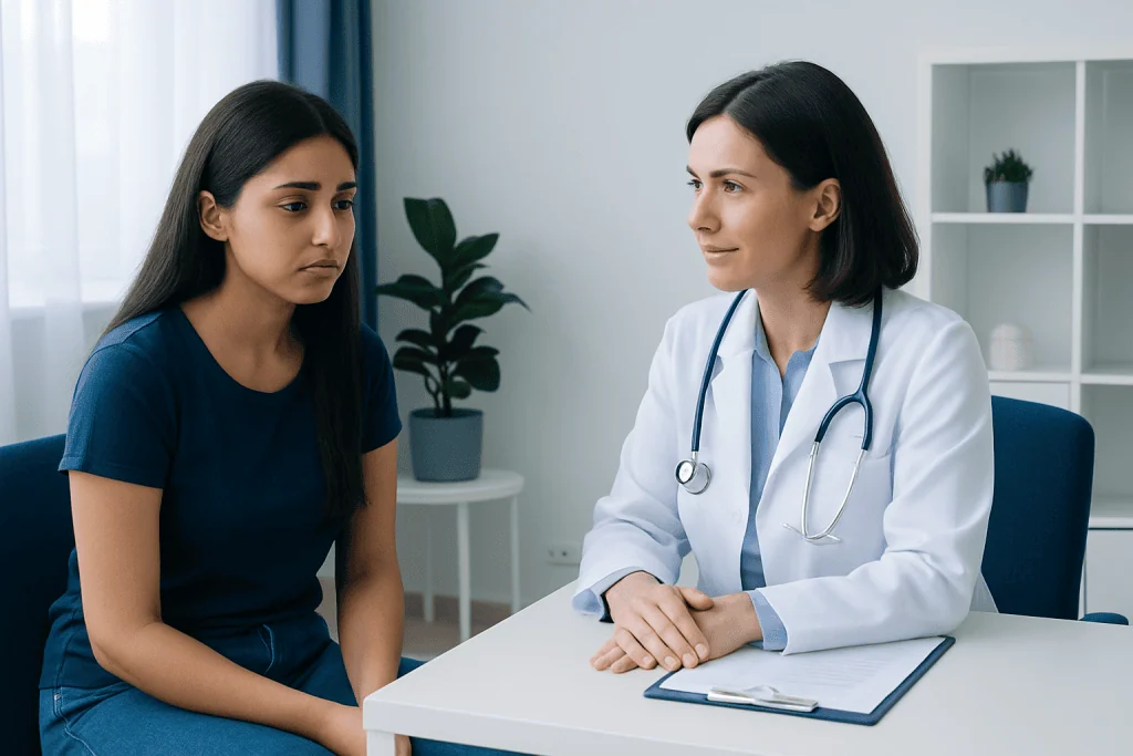 Doctor consulting young woman about health concerns in a medical office.