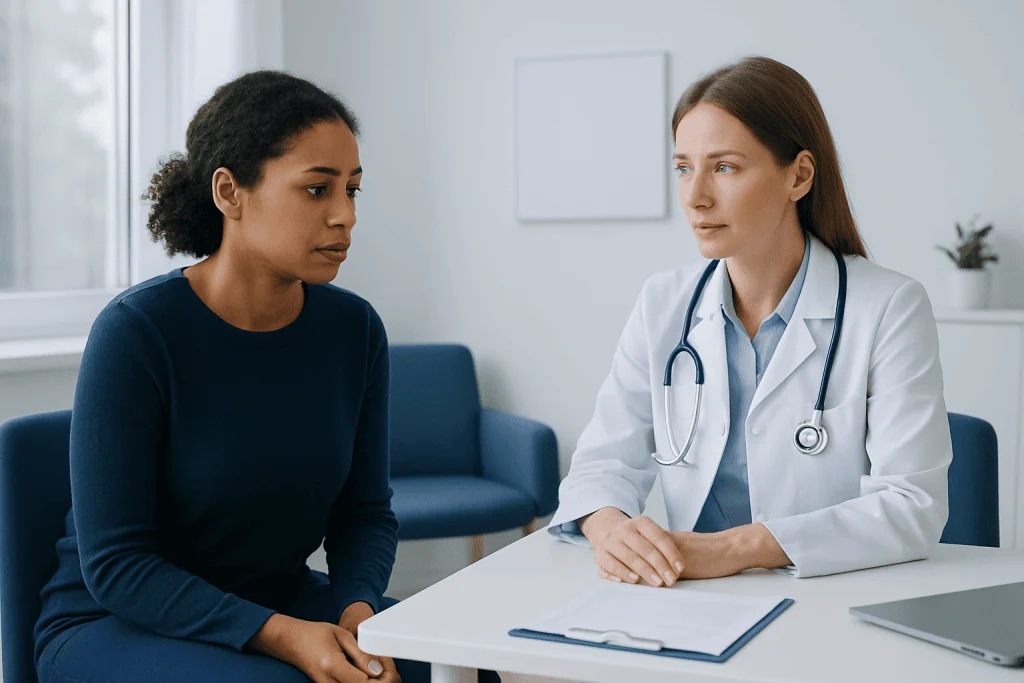 Doctor consulting with a patient about vaginal health concerns.