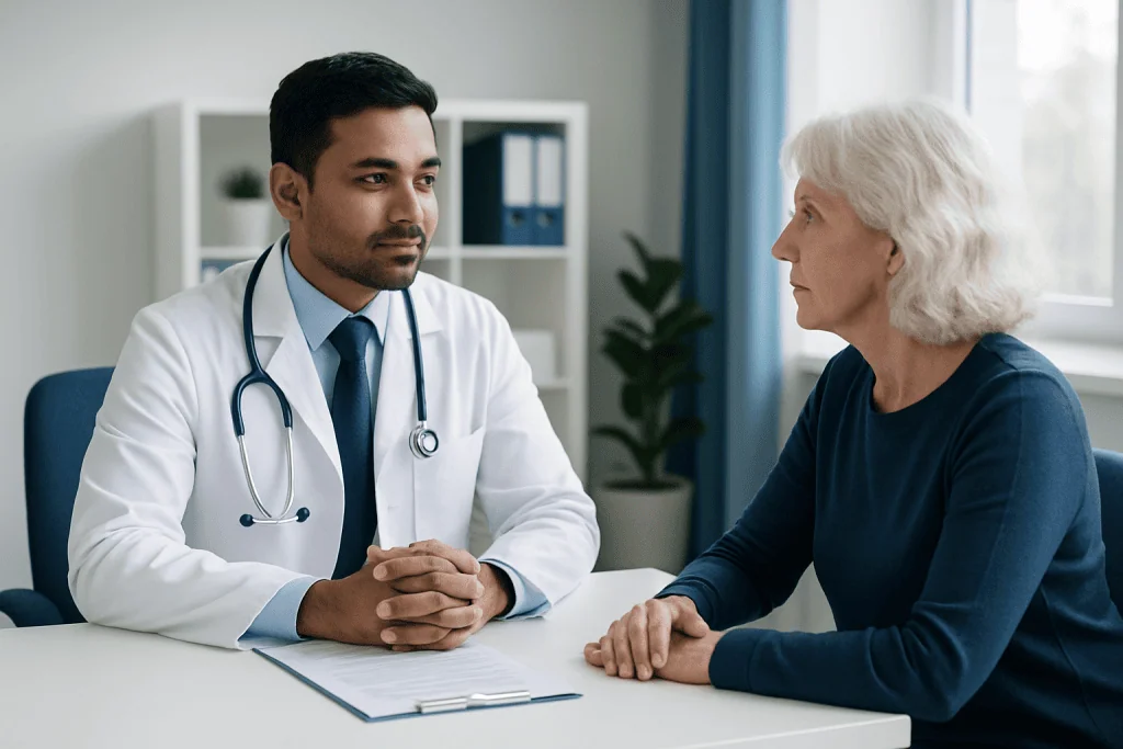 Doctor consulting with an elderly female patient in a medical office.