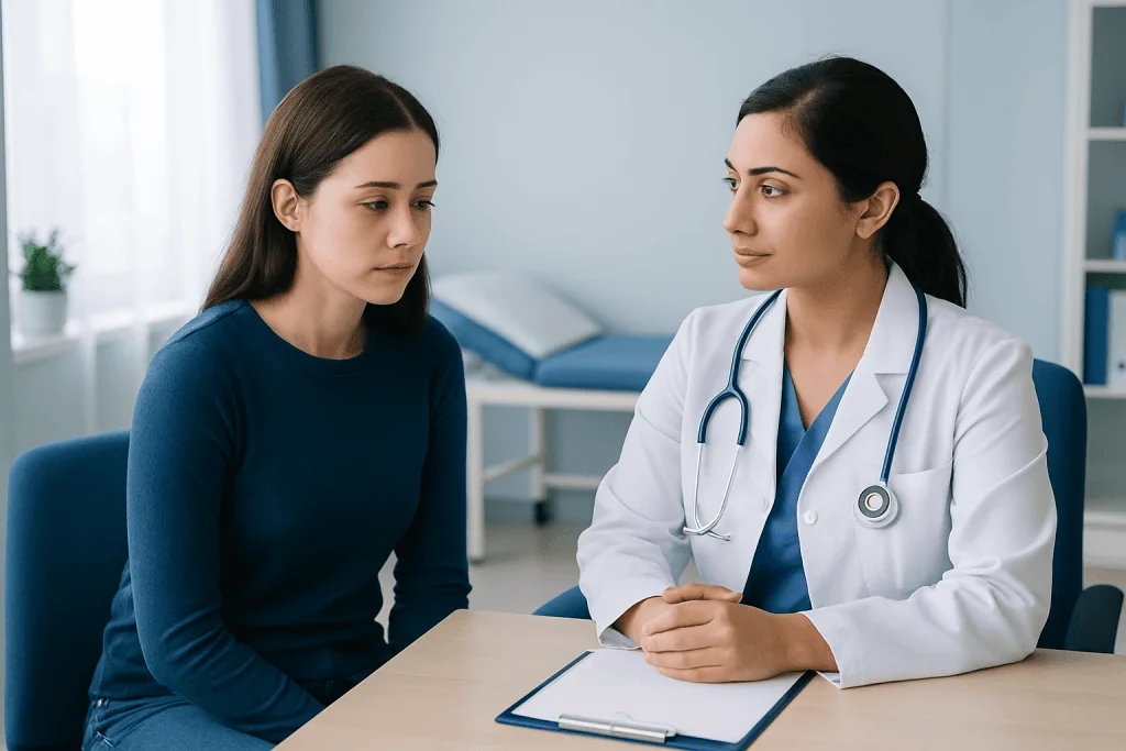 Doctor consulting with a patient in a medical office setting.