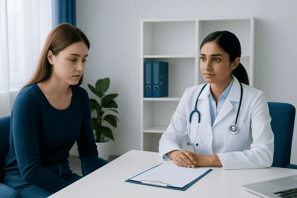 Doctor consulting with a patient about health concerns in a medical office.