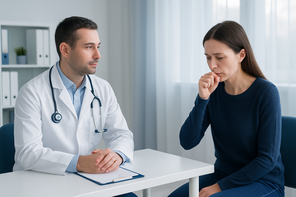 Doctor consulting with a woman patient about cough symptoms in a clinic.