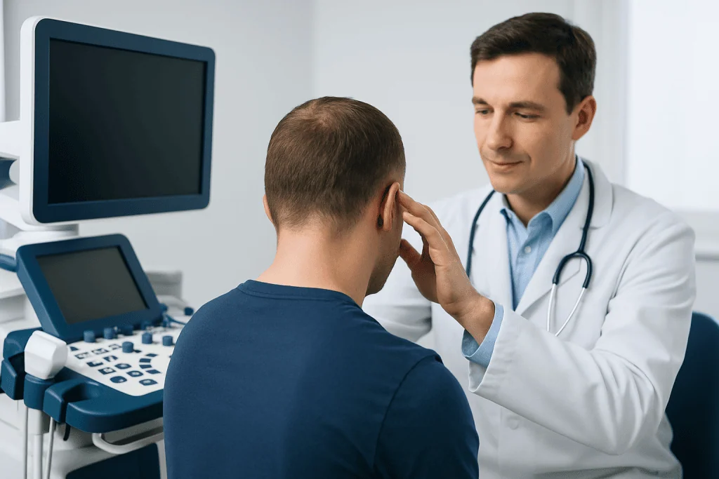 Doctor examining a patient's head in a medical consultation room.