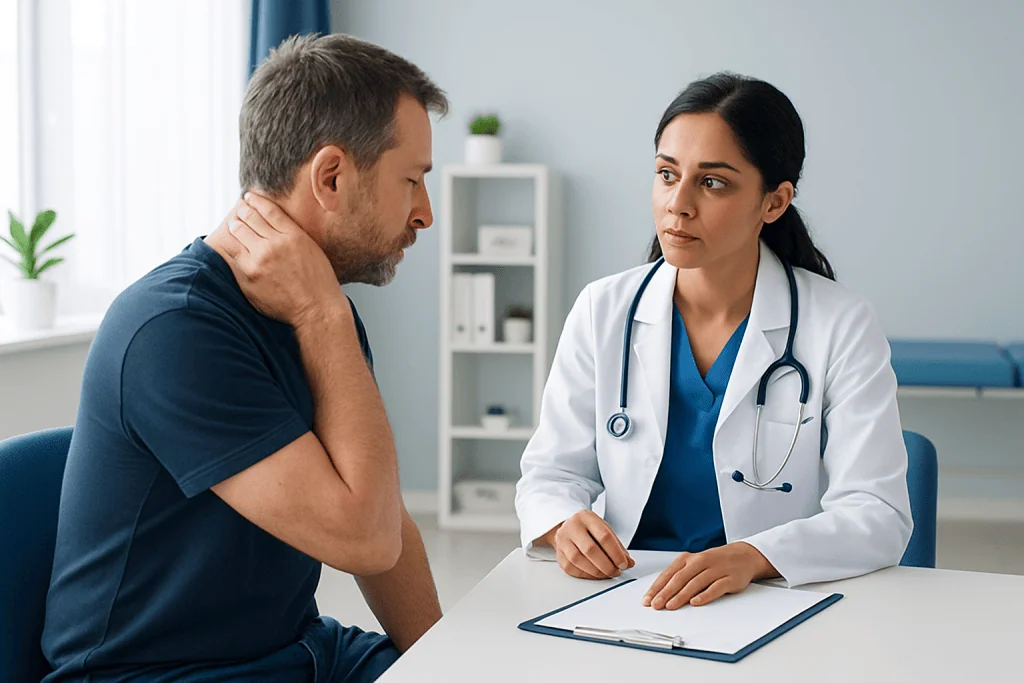 Doctor consulting with patient about neck lump in a medical office.