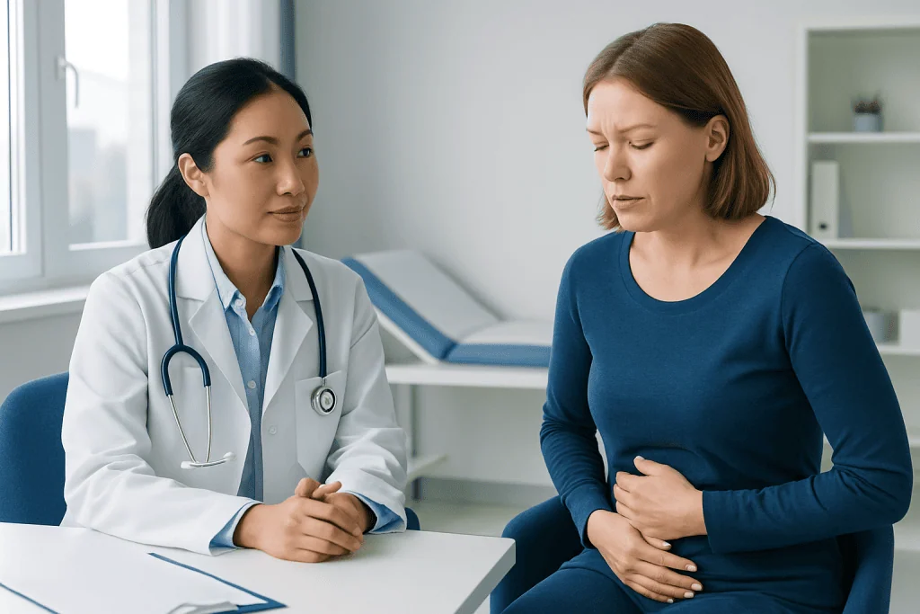 Doctor consulting with a woman patient about stomach issues in a clinic.