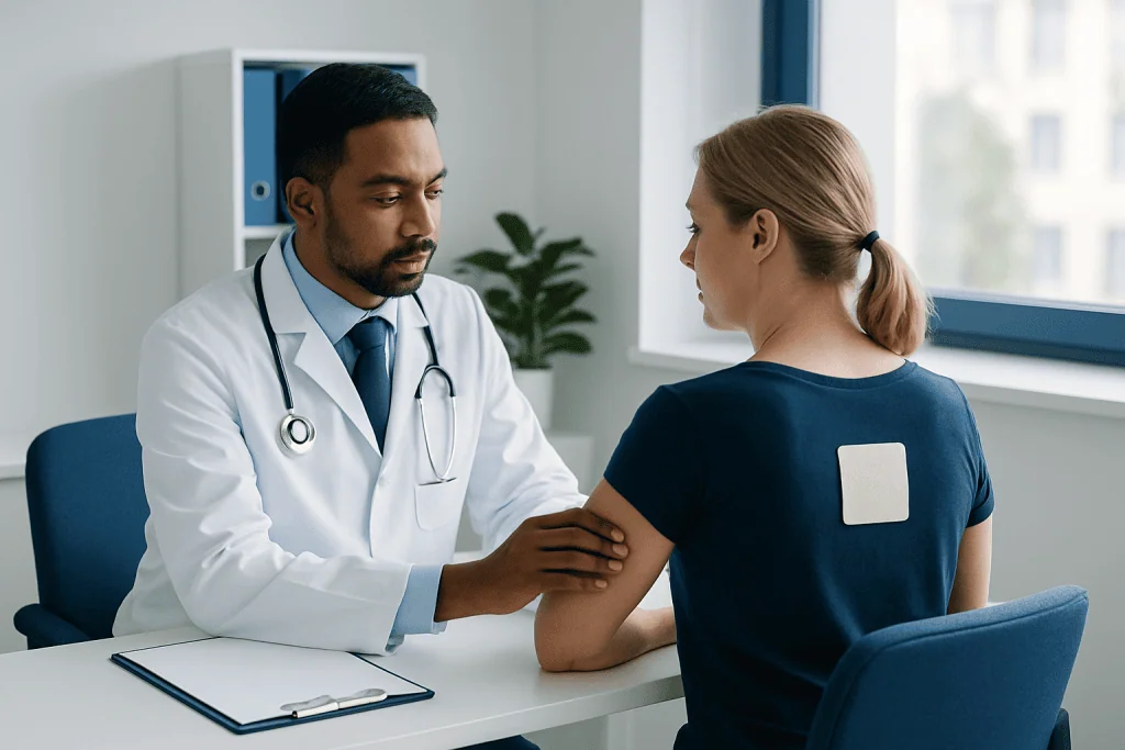 Doctor examining a patient's arm with a pain patch in a clinical setting.