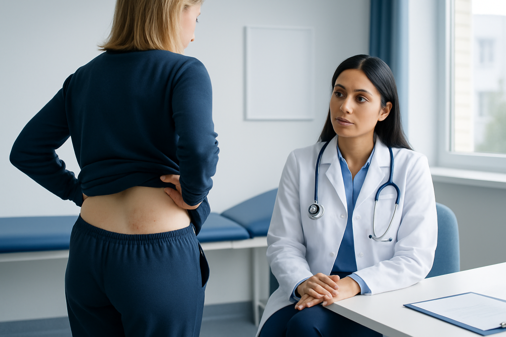 Doctor consulting a patient with skin rash on her lower back.