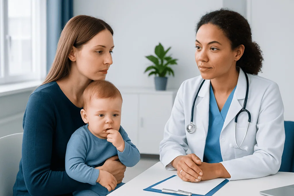 Doctor consulting mother and child about teething and runny nose symptoms.