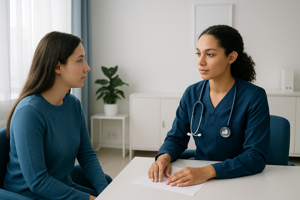 Doctor consulting with patient about health concerns in a clinic setting.