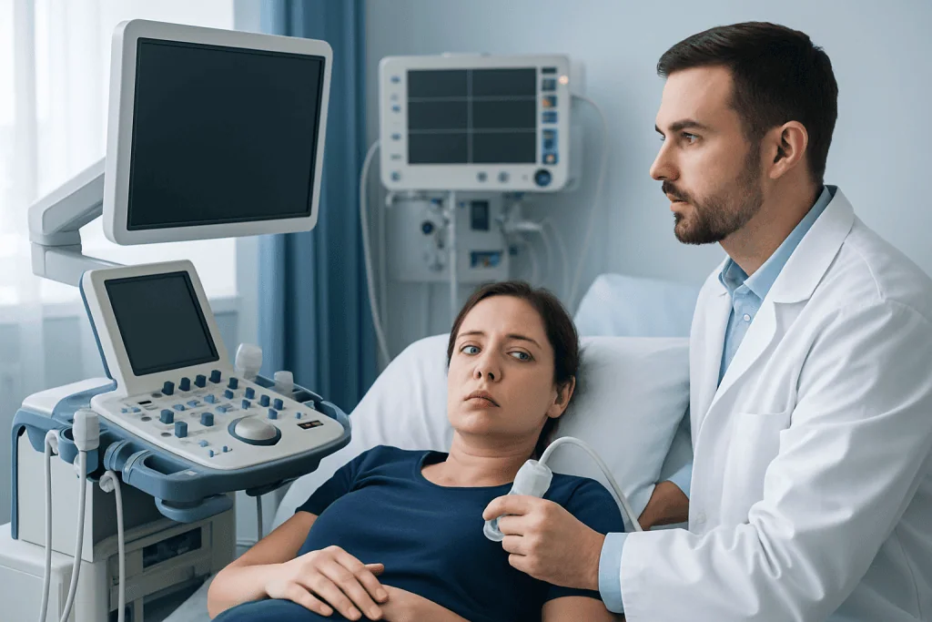 Doctor performing an ultrasound exam on a woman in a hospital room.