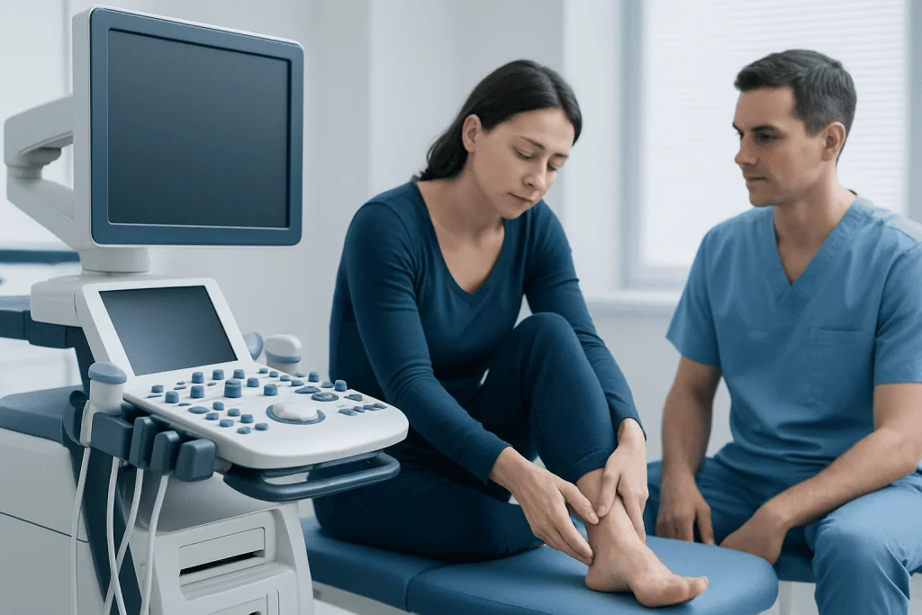 Doctor examining patient's foot in a medical consultation room.