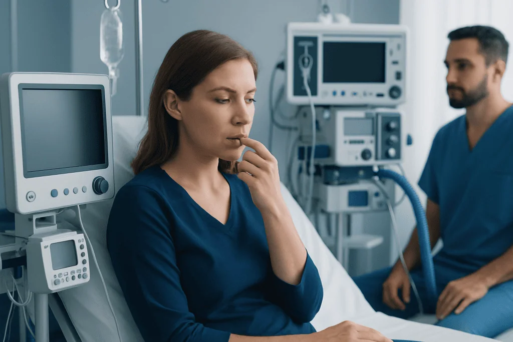 Patient in hospital bed contemplating with medical staff nearby.
