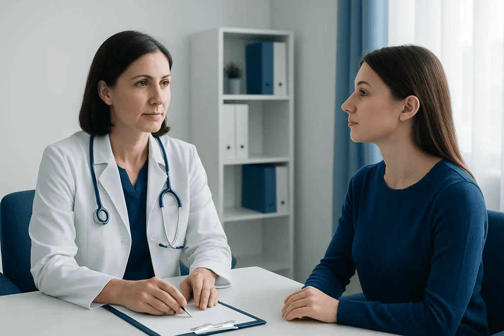 Doctor consulting with a patient in a medical office setting.