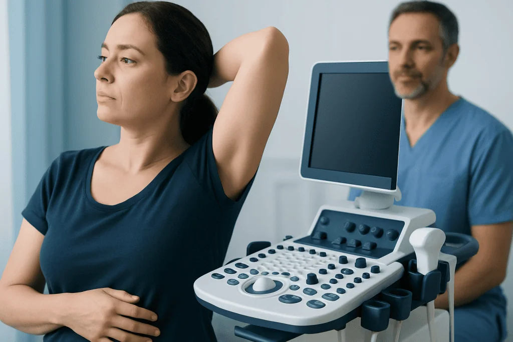 Woman undergoing medical ultrasound examination for armpit lumps.