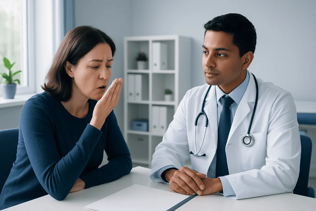 Doctor examining a woman with bad breath in a clinical setting.
