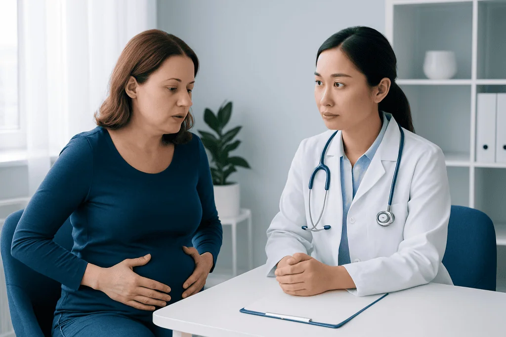Doctor consulting with pregnant woman in a medical office.