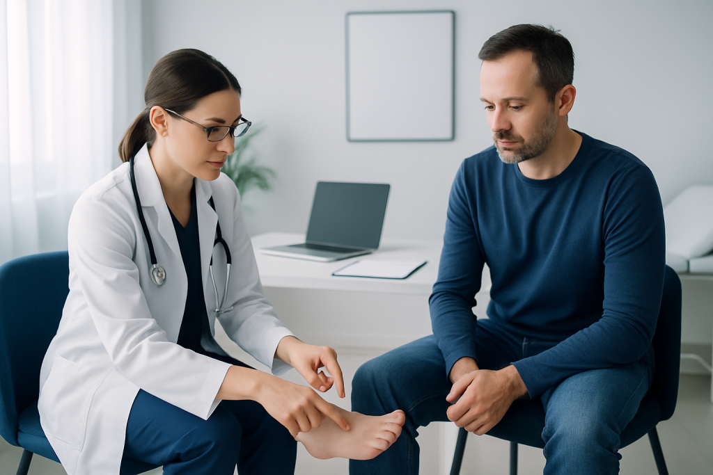 Doctor examining patient's foot in a clinical setting.