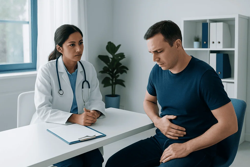 Doctor consulting with male patient about health concerns in clinic.