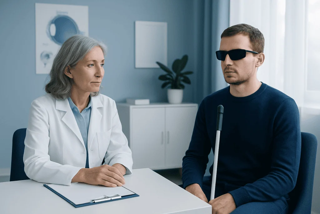Doctor consulting with visually impaired patient in a clinical setting.