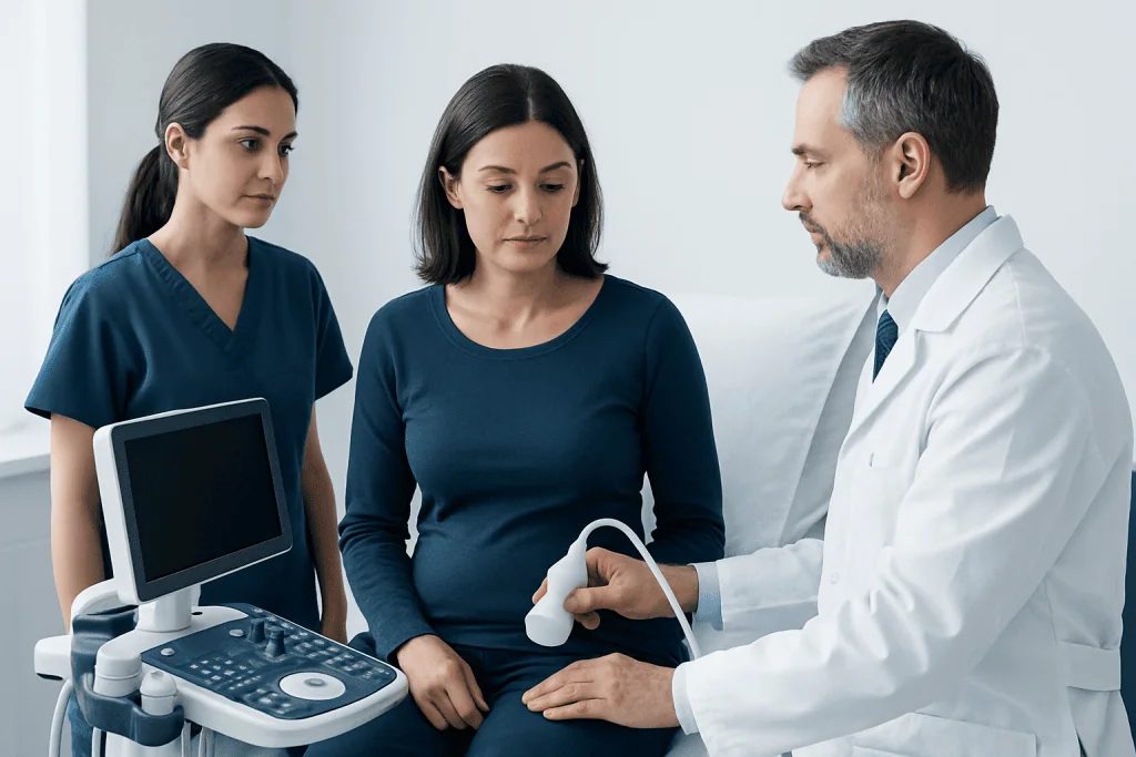 Doctor performing an ultrasound exam on a woman in a medical clinic.