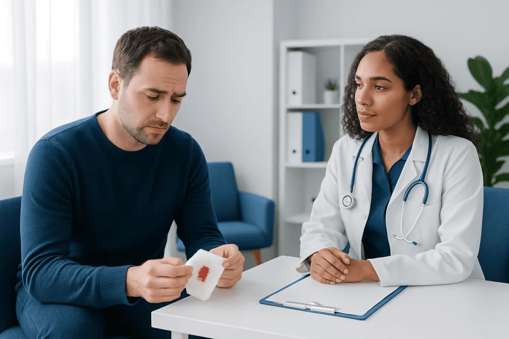 Patient consulting with doctor about rectal bleeding at clinic.
