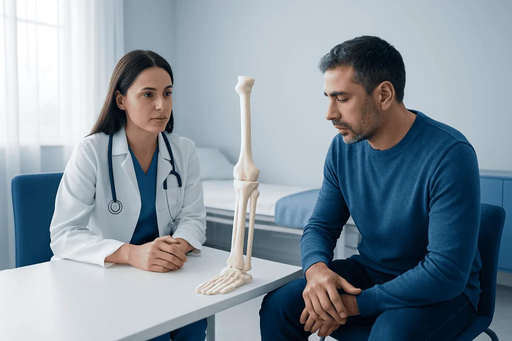 Doctor explaining bone health to patient with leg model in clinic.