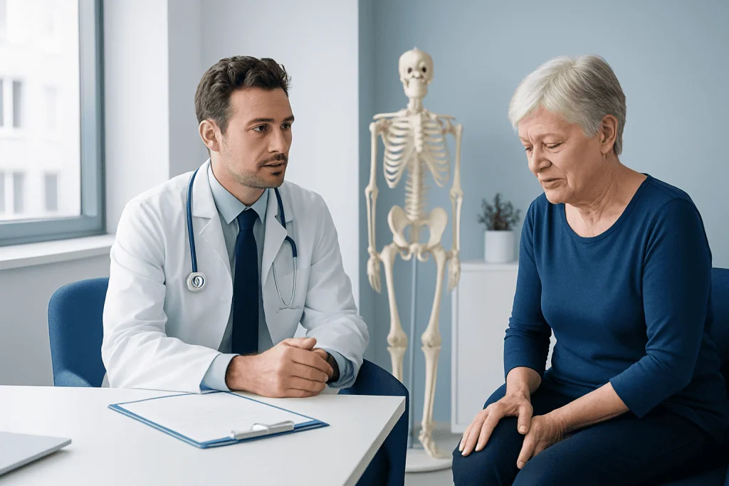 Doctor consulting with elderly woman about bone pain in a medical office.