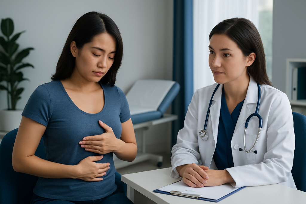 Doctor consulting with a woman about abdominal pain in a clinic setting.