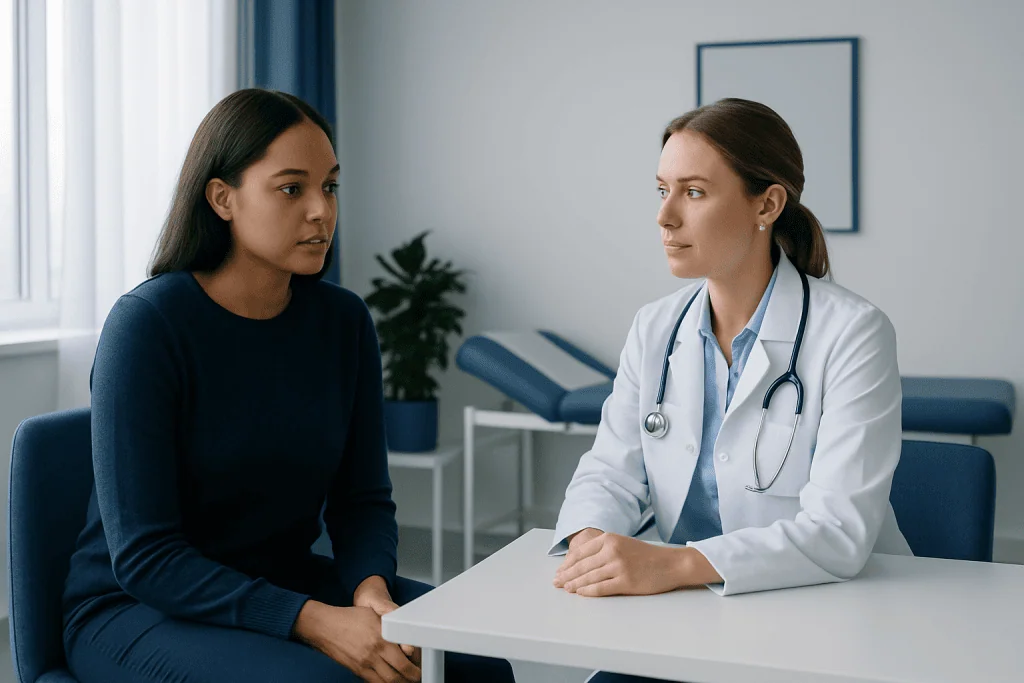 Doctor consulting with a patient in a medical office setting.