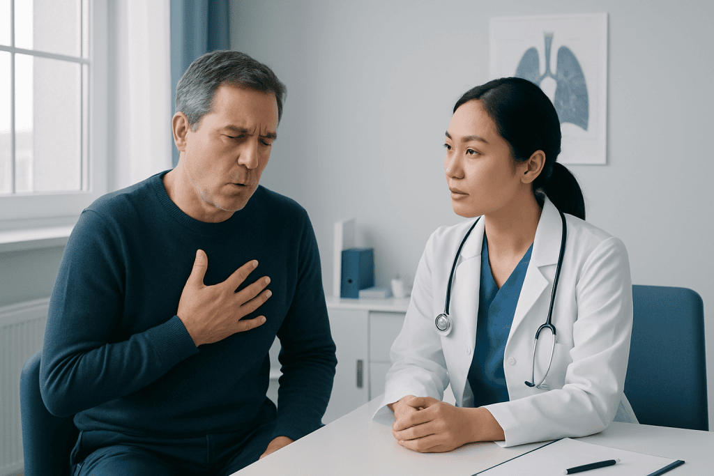 Doctor examining a patient with chest discomfort in a medical office.