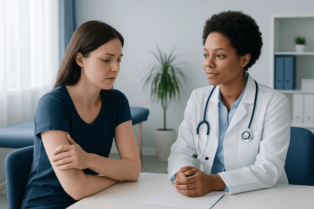 Doctor consulting with a patient about bruising concerns in a medical office.