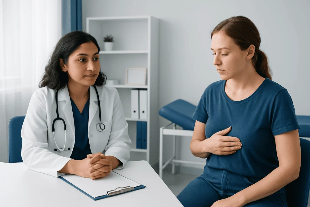 Doctor consulting patient about breast health in a clinical setting.