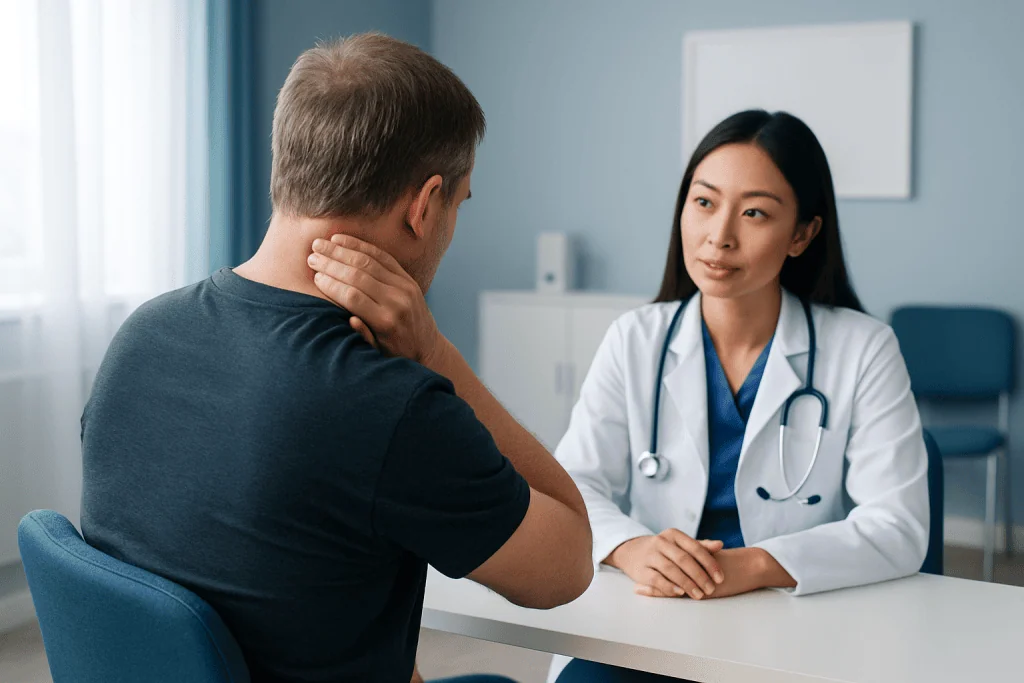 Doctor consulting with a patient about neck bumps in a medical office.