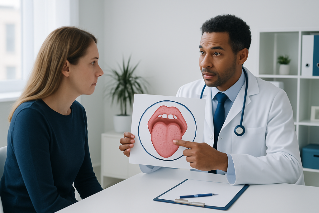 Doctor explaining tongue health with diagram to patient in clinic.