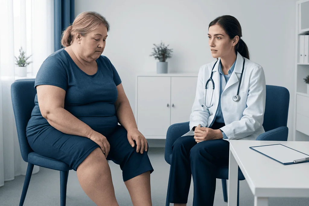 Doctor consulting with a patient about health concerns in a medical office.