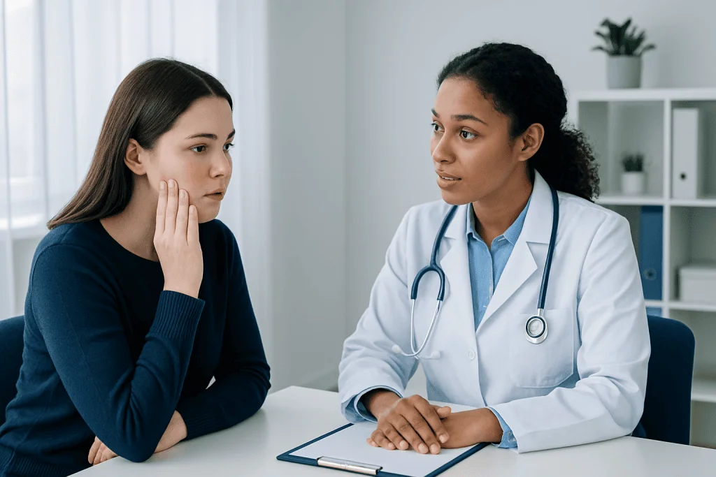 Doctor consulting with a young woman in a medical office setting.