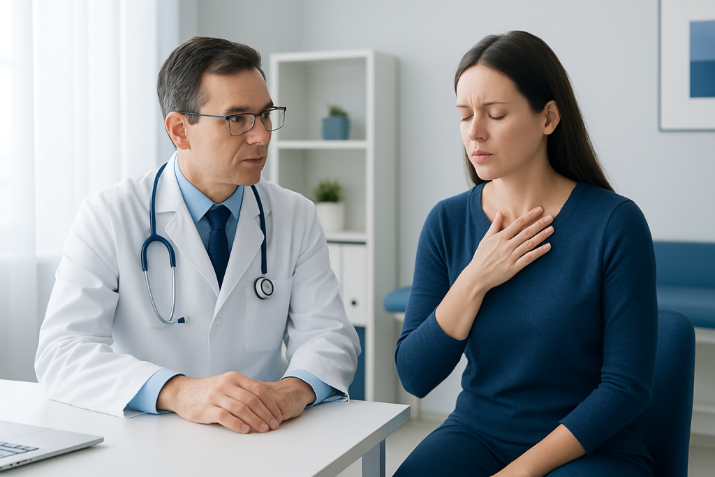 Doctor consulting woman with sore throat in medical office.