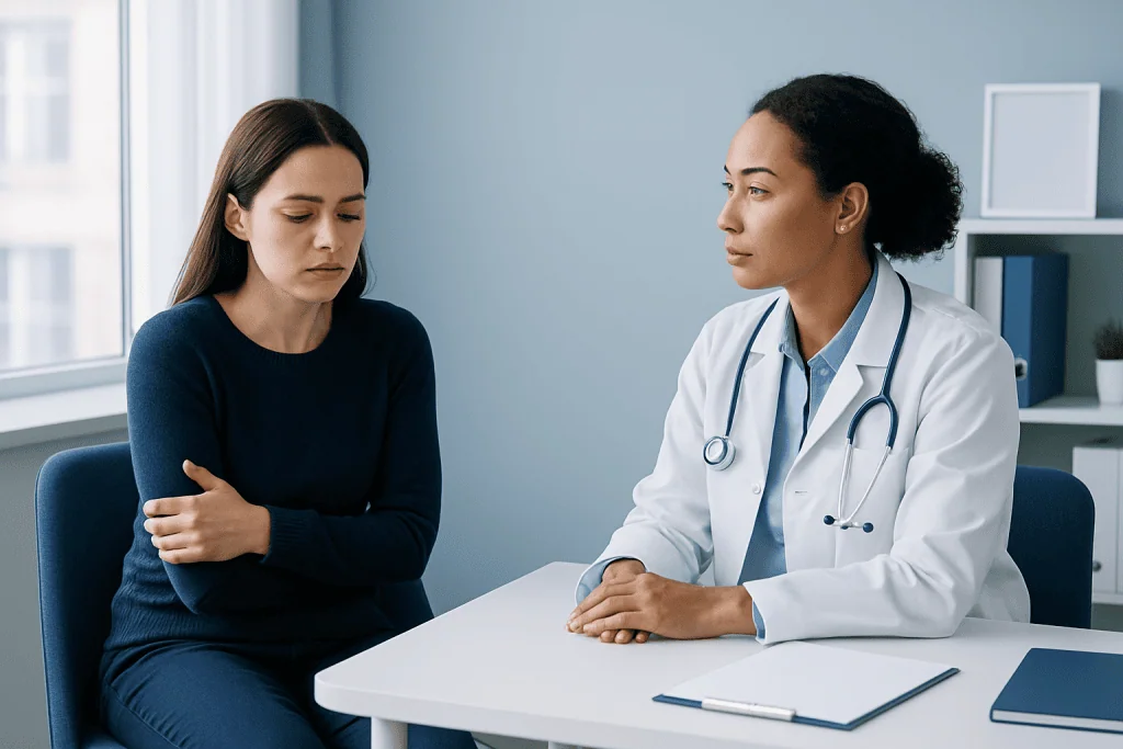 Doctor consulting with a patient about symptoms in a medical office.