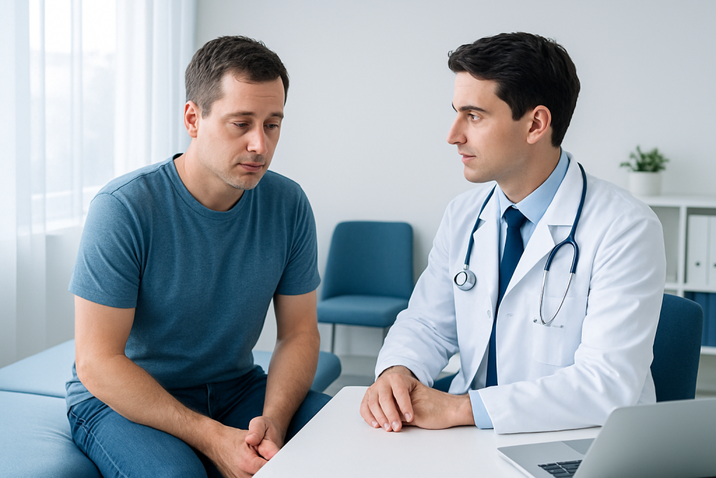Doctor consulting with a male patient in a medical office.