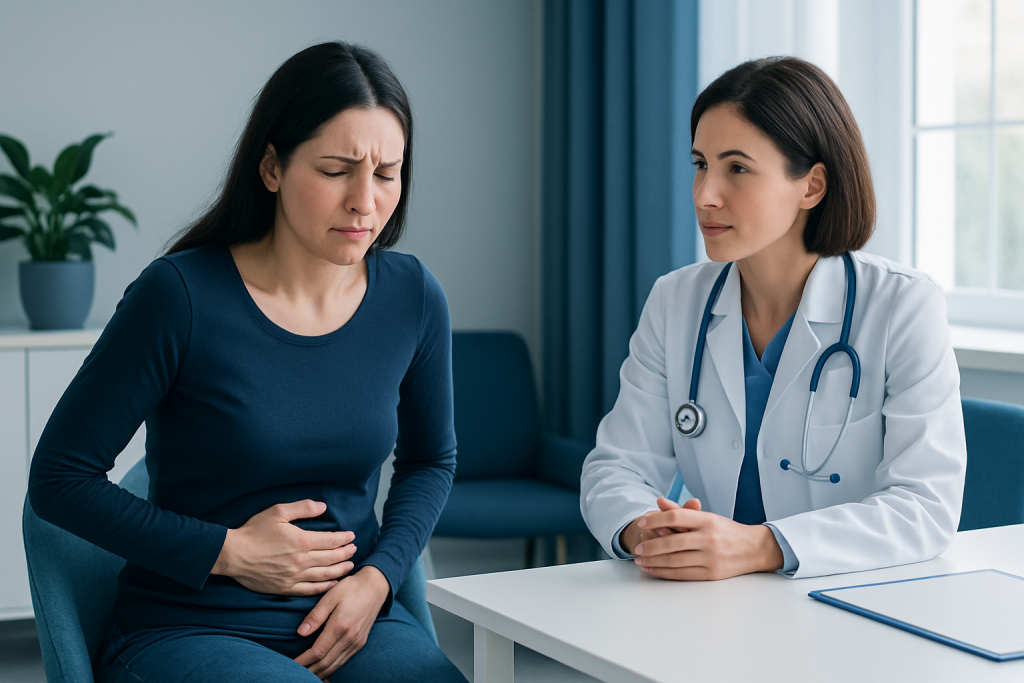 Woman experiencing abdominal pain during medical consultation at Acibadem Hospital.